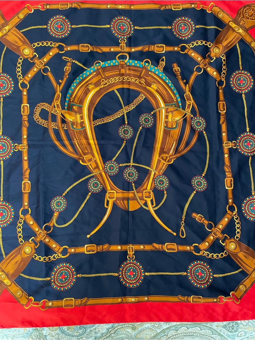 Vintage Symphony Italian Equestrian Horse Tack Square Scarf Red Navy Gold - Picture 3 of 4
